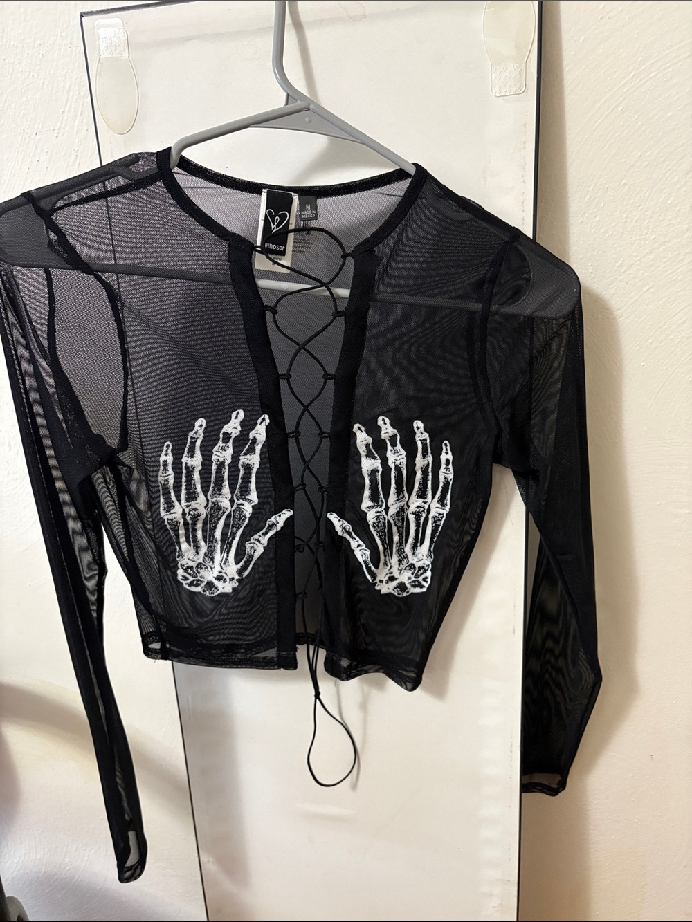 Windsor Black Sheer Lace-Up Skeleton Hand Crop Top